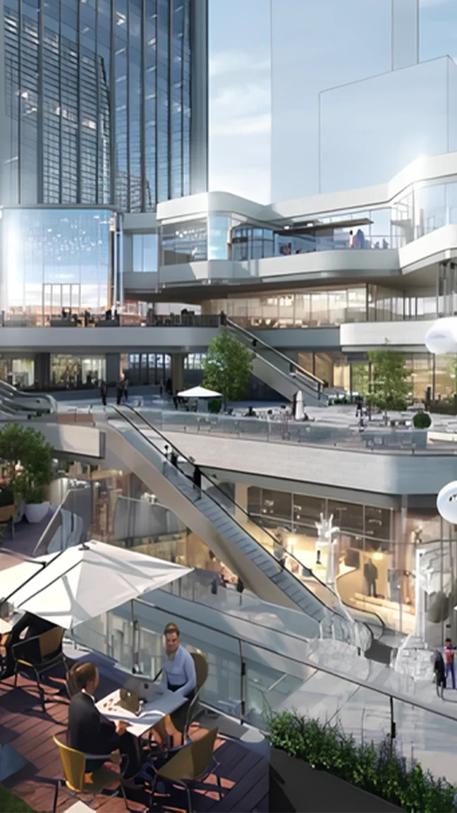 Modern commercial complex with open terraces